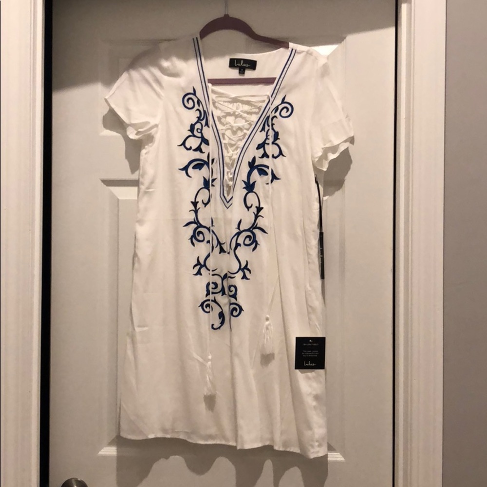 Blue and white lace up dress lulus